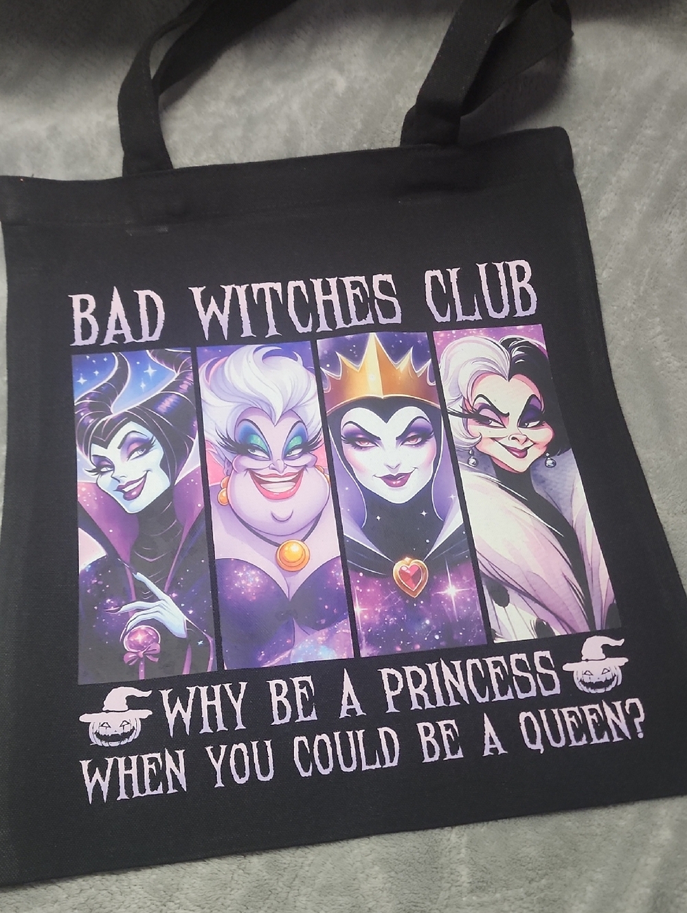 Black 'Bad Witches Club' Graphic Tote Bag. 13x15